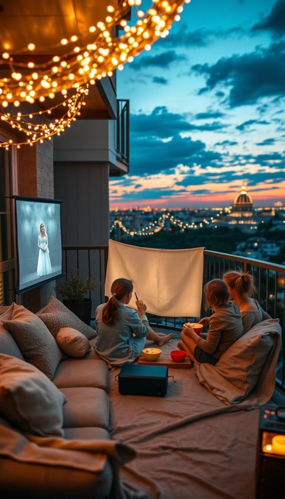 A cozy balcony movie night scene featuring soft glowing fairy lights draped above, casting warm light across the space. In the foreground, a comfortable seating arrangement with cushions and blankets invites relaxation. In the middle, a portable projector is displaying a classic film on a white sheet hung up against the balcony railing, while a family of four, dressed in modest casual clothing, enjoys homemade ice cream served in colorful bowls. The background captures a lush city skyline at sunset with hues of orange and pink, creating a magical atmosphere illuminated by the twinkling lights. The overall mood is warm, inviting, and perfect for a summer evening. Inspired by KlickKiste, the image should have a natural, Pinterest-like aesthetic, focusing on authenticity and inspiration.