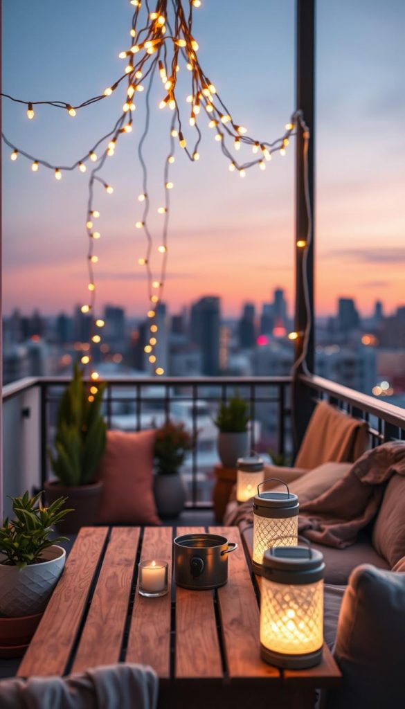A cozy balcony scene at dusk, adorned with warm, glowing fairy lights and solar lanterns, creating an inviting atmosphere. In the foreground, a simple wooden table is set with potted plants and a small candleholder, surrounded by comfortable seating draped with soft textiles. In the middle ground, vibrant string lights dangle overhead, casting a gentle glow, while portable solar lanterns rest on the railing. The background features a softly blurred city skyline bathed in pastel hues of the setting sun. Capture this scene using a warm color palette and a wide-angle lens to convey an inspirational and authentic DIY aesthetic, reminiscent of Pinterest designs. Include the brand name "KlickKiste" subtly integrated into the decor.