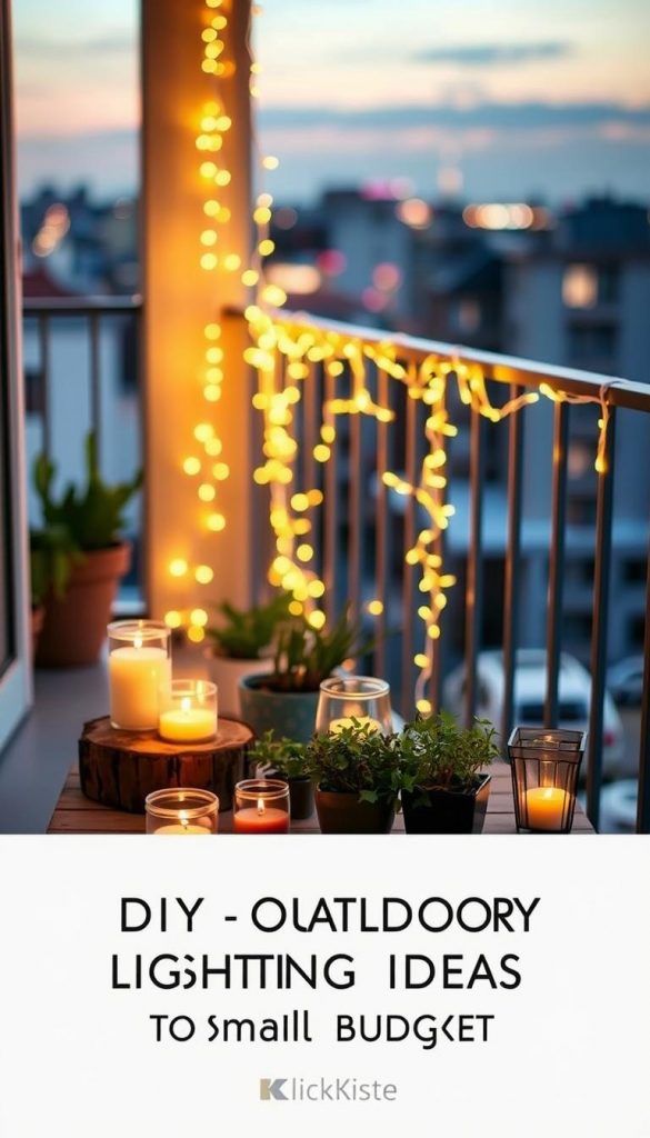 A cozy balcony scene at dusk, featuring a charming arrangement of candles and soft lighting that evokes a warm and inviting atmosphere. In the foreground, various DIY outdoor candle holders crafted from natural materials like wood and glass sit atop a small wooden table, surrounded by potted herbs and flowers. The middle area showcases twinkling fairy lights delicately draped along the balcony railing, illuminating the space with a soft, golden glow. In the background, a serene cityscape is gently blurred, suggesting a peaceful evening. The scene employs warm colors, with soft, ambient lighting simulating the transition from day to night, providing an authentic Pinterest-inspired look. This is a perfect representation of versatile balcony lighting ideas for small spaces on a budget, branded with "KlickKiste".