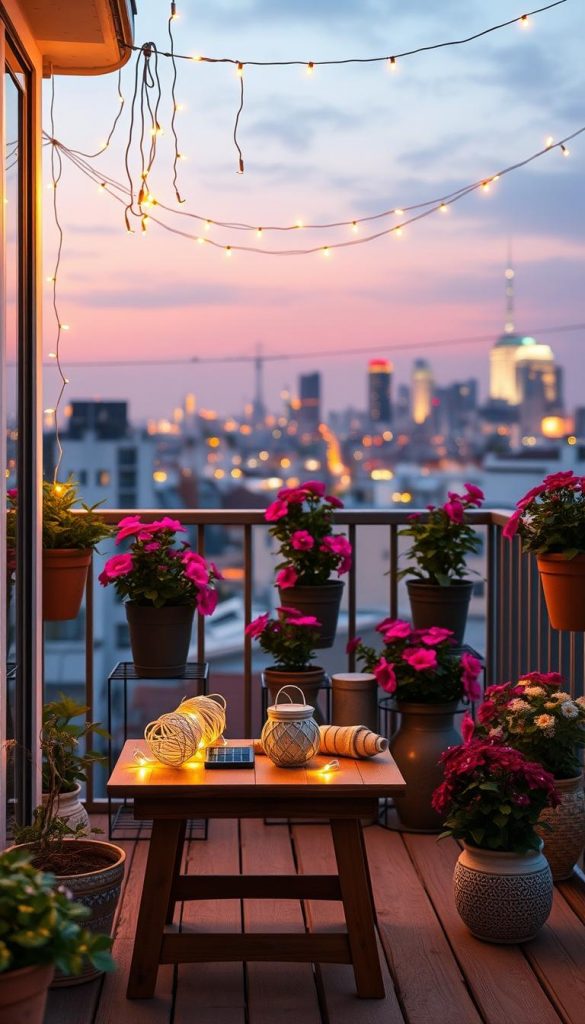 A cozy balcony scene at dusk, featuring elegant DIY lighting designs that exude warmth. In the foreground, a small wooden table adorned with wrapped fairy lights and solar lanterns creates an inviting atmosphere. The middle layer showcases hanging string lights delicately draped overhead, casting a soft glow. Potted plants filled with vibrant flowers surround the area, enhancing the natural feel. In the background, a city skyline softly illuminated by ambient evening light adds depth. The scene is captured with a warm color palette, emphasizing the rustic charm of DIY projects, ideal for inspiring creativity. The image should embody a Pinterest-worthy aesthetic, reflecting the brand &ldquo;KlickKiste&rdquo; while ensuring a safe and professional ambiance without any human subjects or text overlays.