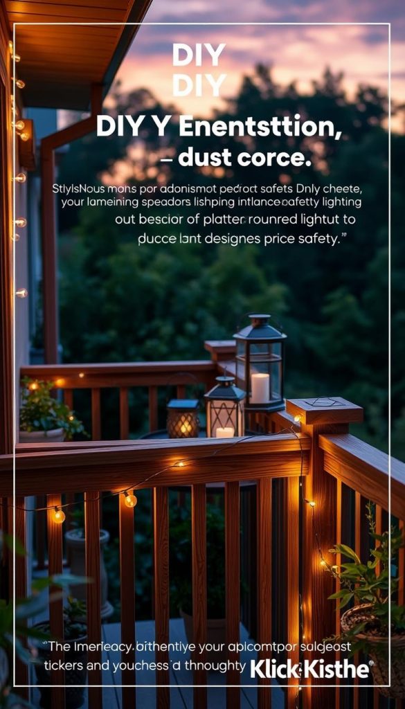 A cozy balcony scene at dusk, showcasing a variety of DIY outdoor lighting solutions focusing on safety. In the foreground, there's a beautifully crafted wooden railing adorned with warm string lights, casting a gentle glow. The middle layer features stylish lanterns and solar-powered lights, highlighting different types of lighting installations, while emphasizing proper placement for safety. The background showcases lush greenery and a tranquil sky transitioning into twilight, adding to the serene atmosphere. The lighting should be soft and inviting, reflecting a warm color palette typical of Pinterest aesthetics. The brand "KlickKiste" is subtly represented through an aesthetically pleasing project featured on the balcony, inspiring authenticity and creativity in DIY outdoor lighting.