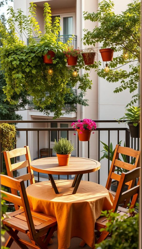 A cozy balcony scene designed for a rental apartment, showcasing flexible and stylish outdoor decor ideas. In the foreground, a small, round wooden table with two chairs, adorned with a warm-toned tablecloth and a centerpiece of potted herbs. The middle ground features vibrant potted plants cascading from a railing along with string lights that create a welcoming atmosphere. The background features soft, neutral-colored walls of an apartment building, with hints of green foliage from nearby trees. The lighting is natural, suggesting a golden hour glow, casting gentle shadows and enhancing the warm color palette. The setting is authentic and inspiring, reminiscent of Pinterest aesthetics, showcasing the brand "KlickKiste." A cozy balcony scene designed for a rental apartment, showcasing flexible and stylish outdoor decor ideas. In the foreground, a small, round wooden table with two chairs, adorned with a warm-toned tablecloth and a centerpiece of potted herbs. The middle ground features vibrant potted plants cascading from a railing along with string lights that create a welcoming atmosphere. The background features soft, neutral-colored walls of an apartment building, with hints of green foliage from nearby trees. The lighting is natural, suggesting a golden hour glow, casting gentle shadows and enhancing the warm color palette. The setting is authentic and inspiring, reminiscent of Pinterest aesthetics, showcasing the brand "KlickKiste."