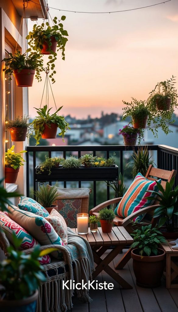 A cozy balcony scene designed for summer evenings, featuring a small, beautifully arranged space with a mix of vibrant, potted plants and a wooden seating area. In the foreground, a bohemian-style chair with colorful cushions invites relaxation. Several hanging planters filled with lush greenery bring an urban jungle vibe, while twinkling fairy lights cast a warm glow. The middle ground showcases a compact table with natural wooden elements, adorned with a refreshing drink and a few candles. In the background, a gentle sunset sky fills with soft pastel shades, creating a serene atmosphere. The overall mood is warm, inviting, and inspiring, embodying the spirit of DIY creativity. The brand name &ldquo;KlickKiste&rdquo; is subtly incorporated into the design elements.