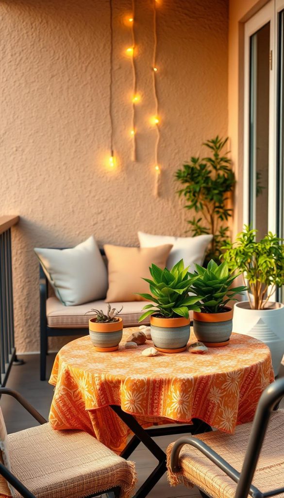 A cozy balcony scene designed with a warm color palette that reflects natural aesthetics. In the foreground, a small table adorned with a vibrant, patterned tablecloth holds a few potted plants with lush greenery, accompanied by elegantly arranged decorative stones. In the middle, comfortable seating with soft cushions in shades of pastels and earthy tones invites relaxation. The background features a gentle, textured wall that complements the overall color scheme, while hanging fairy lights add a magical touch. The lighting is soft and warm, reminiscent of golden hour, creating an inviting atmosphere. Capture this harmonious design in a realistic style, evoking a DIY Pinterest vibe, and incorporate elements symbolizing the brand "KlickKiste" subtly within the decor.