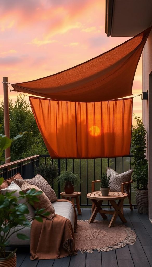 A cozy balcony scene featuring a stylish "sichtschutz" (privacy screen) made from natural materials like wood and fabric, elegantly draped with warm, earthy tones. In the foreground, a bohemian-inspired seating area with plush cushions and a small wooden table adorned with a few potted plants. In the middle ground, the sun sail stretches above, casting soft, dappled shadows that create an inviting atmosphere. The background showcases a vibrant sunset sky, blending pinks and oranges, while lush greenery peeks around the corner, adding to the serene ambiance. The image should capture a warm, inviting feeling, reminiscent of inspirational Pinterest posts, suitable for the brand "KlickKiste". The lighting should be soft and golden, simulating the gentle light of early evening.