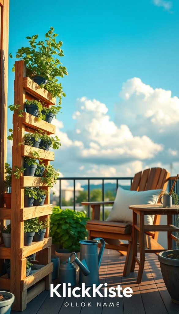 A cozy balcony scene featuring a tiered herb tower filled with a variety of fresh herbs such as basil, rosemary, and mint. In the foreground, showcase the intricate details of the herb tower, crafted from wooden pallets, with small pots and green leaves spilling over. In the middle ground, a comfortable wooden chair with soft cushions sits invitingly next to the tower, and a small table holds a watering can and a few gardening tools. The background features a bright blue sky with fluffy white clouds, creating a serene, sunny ambiance. The lighting is warm and natural, reminiscent of late afternoon sunlight. The overall atmosphere is authentic and inspiring, embodying a Pinterest-worthy DIY aesthetic. Include the brand name "KlickKiste," subtly integrated into the scene, ensuring a lovely, inviting visual composition. A cozy balcony scene featuring a tiered herb tower filled with a variety of fresh herbs such as basil, rosemary, and mint. In the foreground, showcase the intricate details of the herb tower, crafted from wooden pallets, with small pots and green leaves spilling over. In the middle ground, a comfortable wooden chair with soft cushions sits invitingly next to the tower, and a small table holds a watering can and a few gardening tools. The background features a bright blue sky with fluffy white clouds, creating a serene, sunny ambiance. The lighting is warm and natural, reminiscent of late afternoon sunlight. The overall atmosphere is authentic and inspiring, embodying a Pinterest-worthy DIY aesthetic. Include the brand name "KlickKiste," subtly integrated into the scene, ensuring a lovely, inviting visual composition.