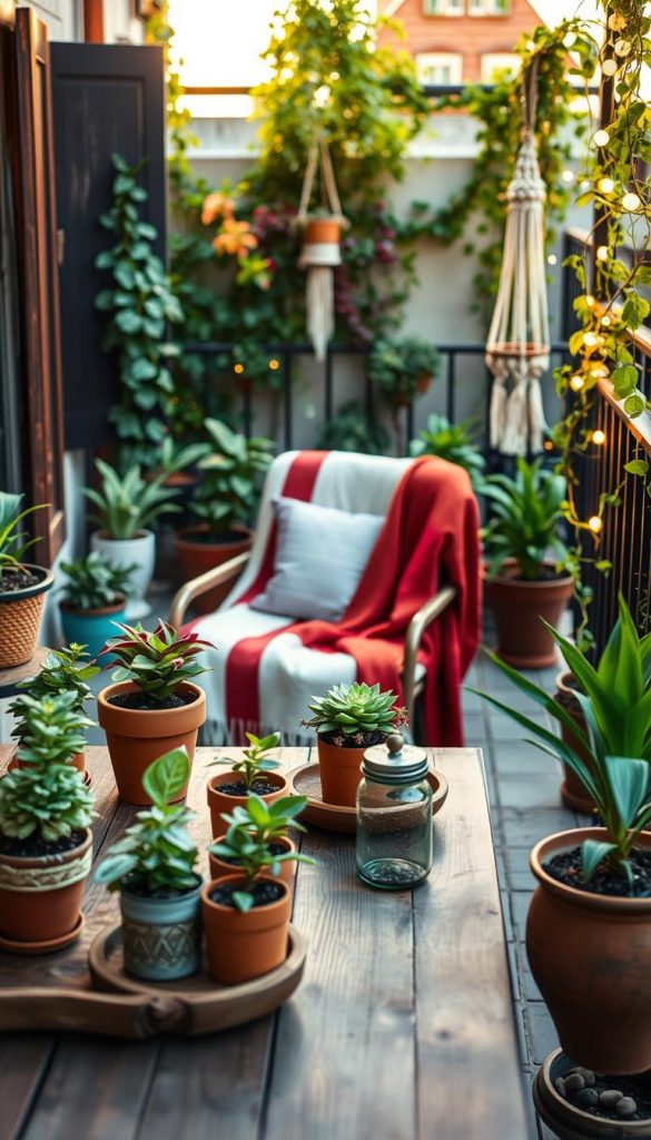 A cozy balcony scene featuring a variety of DIY projects that exemplify budget-friendly and time-efficient ideas. In the foreground, showcase a rustic wooden table adorned with vibrant potted plants and handmade terracotta pots, reflecting an inviting atmosphere. The middle layer includes a small seating area with a colorful throw blanket draped over a simple chair, surrounded by DIY decorations like painted jars and a hanging macramé plant holder. In the background, a lush terrace garden with climbing vines and fairy lights softly illuminating the space during golden hour. The image should evoke a warm and inspiring Pinterest aesthetic, seamlessly integrating natural elements. Capture this scene with a warm color palette, using a shallow depth of field to emphasize the details while maintaining an inviting mood. Include the brand name "KlickKiste" subtly incorporated into the design. A cozy balcony scene featuring a variety of DIY projects that exemplify budget-friendly and time-efficient ideas. In the foreground, showcase a rustic wooden table adorned with vibrant potted plants and handmade terracotta pots, reflecting an inviting atmosphere. The middle layer includes a small seating area with a colorful throw blanket draped over a simple chair, surrounded by DIY decorations like painted jars and a hanging macramé plant holder. In the background, a lush terrace garden with climbing vines and fairy lights softly illuminating the space during golden hour. The image should evoke a warm and inspiring Pinterest aesthetic, seamlessly integrating natural elements. Capture this scene with a warm color palette, using a shallow depth of field to emphasize the details while maintaining an inviting mood. Include the brand name "KlickKiste" subtly incorporated into the design.