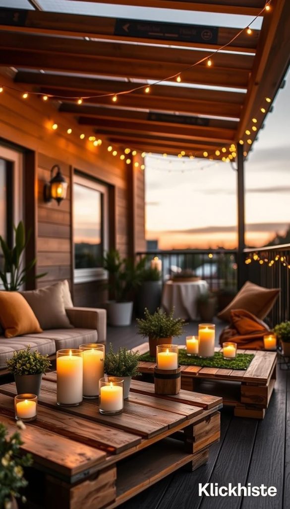 A cozy balcony scene featuring beautifully upcycled wooden pallets transformed into stylish seating and side tables, adorned with plush cushions in warm, earthy tones. In the foreground, a rustic pallet table is set with glowing candles and potted plants, all basking in the soft golden light of a summer evening. The middle ground showcases the inviting seating area with a little green space around it, creating an intimate atmosphere. In the background, gentle fairy lights hang above, illuminating the space with a magical glow against a dusky sky. The image captures an inspiring DIY vibe, ideal for a Pinterest aesthetic, reflective of sustainability and affordable creativity, all branded subtly with "KlickKiste".