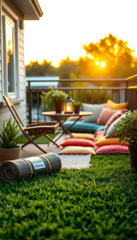 A cozy balcony scene featuring lush artificial grass, known as "kunstrasen," inviting relaxation during summer evenings. In the foreground, include a neatly rolled-up outdoor rug and a small table with two rustic chairs, adorned with potted plants and a glowing lantern. The middle ground showcases a vibrant spread of colorful cushions, inviting guests to sit comfortably. In the background, hint at a soft, blurred view of a sunset, casting warm, golden lighting that enhances the serene atmosphere. The overall aesthetic is authentic and inspiring, reminiscent of Pinterest, with a touch of natural DIY charm. The branding "KlickKiste" is subtly integrated into the decor, perhaps as a label on the cushions. Capture this scene with a warm tone, using a shallow depth of field to emphasize the inviting setup.