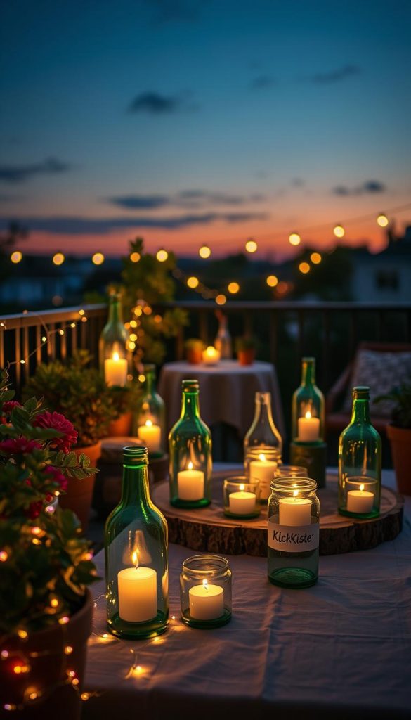 A cozy balcony scene illuminated by glowing bottle lanterns, featuring several handcrafted glass bottles artistically arranged, each with a flickering candle inside, casting warm, inviting light. In the foreground, vibrant potted plants and delicate fairy lights enhance the intimate atmosphere, while in the middle, a rustic wooden table showcases a few more DIY candle creations and a soft, inviting tablecloth. The background consists of a softly lit evening sky, with hints of twilight blending into deep blue, creating a tranquil ambiance. The entire scene should evoke a sense of warmth and inspiration, perfect for summer evenings. Include a subtle branding of "KlickKiste" on one of the bottles, ensuring it's integrated seamlessly into the design. Capture this using soft, natural lighting to enhance the warm colors and create a dreamy Pinterest-like aesthetic.