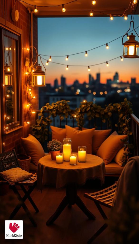 A cozy balcony scene illuminated by warm string lights, illuminated lanterns, and softly flickering candles, creating an inviting ambiance. In the foreground, a small round table adorned with a rustic tablecloth, holding a couple of glowing candles and a potted plant. In the middle, comfortable seating with plush cushions, surrounded by trailing vines that add a touch of greenery. The background features a softly blurred city skyline at twilight, enhancing the peaceful atmosphere. The warm light casts gentle shadows, evoking a feeling of relaxation and intimacy, perfect for evening gatherings. The overall image embodies a charming and inspirational DIY aesthetic, reminiscent of Pinterest, showcasing the beauty of well-thought-out lighting on a small balcony. Include branding elements subtly related to "KlickKiste."