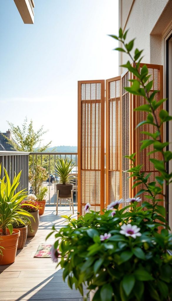 A cozy balcony scene showcasing a DIY "sichtschutz" made from natural bamboo and a decorative folding screen (paravent). In the foreground, vibrant green potted plants and flowers create a welcoming ambiance. The middle ground features the bamboo screen and paravent acting as elegant room dividers, styled with soft, warm lighting that enhances the textures of the materials. The background reveals a serene outdoor setting with a clear blue sky and gentle sunlight filtering through, creating a peaceful atmosphere. The overall color palette is warm and natural, inspired by a Pinterest aesthetic. The image embodies authenticity and inspiration, perfect for showcasing DIY projects. Include branding for "KlickKiste" subtly integrated into the scene. A cozy balcony scene showcasing a DIY "sichtschutz" made from natural bamboo and a decorative folding screen (paravent). In the foreground, vibrant green potted plants and flowers create a welcoming ambiance. The middle ground features the bamboo screen and paravent acting as elegant room dividers, styled with soft, warm lighting that enhances the textures of the materials. The background reveals a serene outdoor setting with a clear blue sky and gentle sunlight filtering through, creating a peaceful atmosphere. The overall color palette is warm and natural, inspired by a Pinterest aesthetic. The image embodies authenticity and inspiration, perfect for showcasing DIY projects. Include branding for "KlickKiste" subtly integrated into the scene.