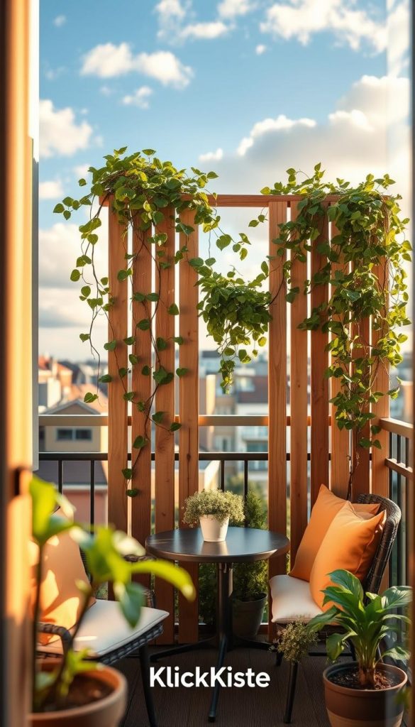 A cozy balcony scene showcasing a stylish and functional "Sichtschutz" (privacy screen) designed with natural wood and lush greenery. In the foreground, a handmade wooden screen adorned with climbing plants creates an inviting atmosphere. The midground features a small round table set for two, with elegant flower pots and cushions in warm, inviting colors. The background reveals a clear blue sky with soft, fluffy clouds, and hints of neighboring buildings, suggesting an urban environment. The warm, natural light filters through the plants, casting soft shadows and enhancing the serene mood. This image embodies an authentic DIY feel with a Pinterest-inspired aesthetic, reflecting the essence of modern balcony living. Include the brand name "KlickKiste" subtly integrated into the scene.