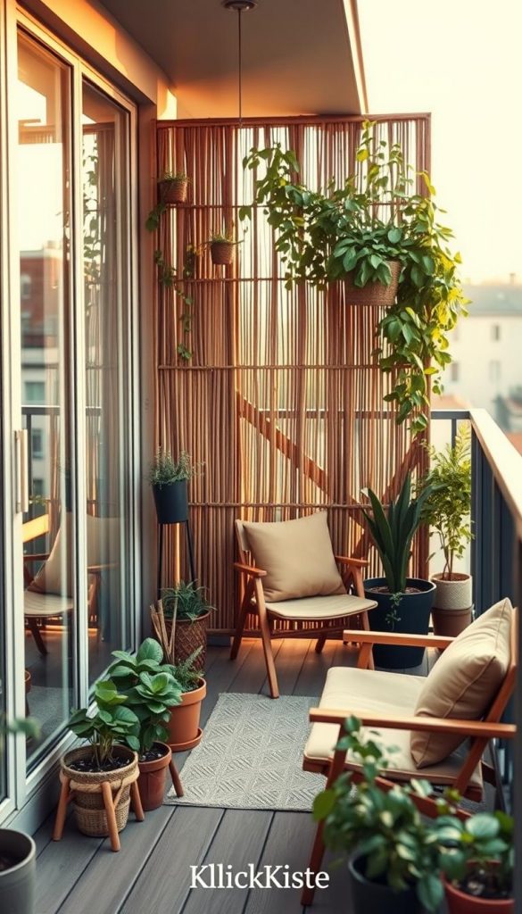 A cozy balcony scene showcasing a stylish "sichtschutz" (privacy screen) made of natural materials like wood and bamboo, positioned prominently in the foreground. The screen features beautiful greenery, such as potted plants and hanging flowers, creating an inviting and serene atmosphere. In the middle ground, a small seating area with comfortable, modest casual furniture adorned in warm, earthy tones complements the natural vibe. The background includes a glimpse of an urban setting with soft, out-of-focus buildings, subtly capturing the essence of city life. The lighting is warm and golden, reminiscent of late afternoon sun, casting gentle shadows. The image reflects a DIY aesthetic with inspiration from Pinterest, appealing to renters seeking tenant-friendly balcony solutions without drilling. Include the brand name "KlickKiste" subtly integrated into the design.