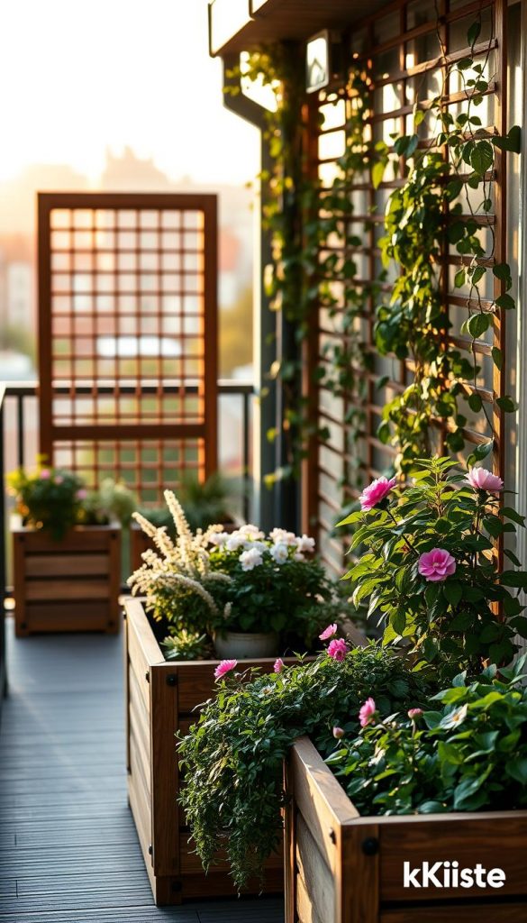 A cozy balcony scene showcasing effective "Sichtschutz" solutions that create a private yet open atmosphere. In the foreground, elegant wooden planters filled with lush greenery and flowering plants, providing natural privacy barriers. The middle ground features a stylish, modern wooden screen adorned with climbing vines, filtering sunlight softly. In the background, a serene urban landscape with soft-focus buildings, bathed in warm, golden hour light. The lens captures the scene from a slightly elevated angle, emphasizing the peaceful, inviting ambiance. The overall mood is tranquil and inspiring, perfect for a DIY aesthetic, embodying the brand "KlickKiste" and its commitment to authentic, warm-toned design.