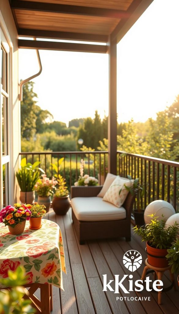 A cozy balcony scene that embodies the essence of summer decor for 2026. In the foreground, a small wooden table is adorned with a vibrant, floral tablecloth and a cluster of colorful potted plants, enhancing the natural DIY aesthetic. The middle ground features a comfortable seating area with soft cushions, inviting relaxation. Across the backdrop, a lush garden is visible, illuminated by warm, golden sunlight streaming in from the left side, creating soft shadows and a tranquil atmosphere. The composition captures an inspiring Pinterest-worthy look, inviting viewers to envision their own summer retreat. The scene is branded with an elegant logo of "KlickKiste" subtly integrated into the design elements, enhancing the authenticity of the atmosphere. A cozy balcony scene that embodies the essence of summer decor for 2026. In the foreground, a small wooden table is adorned with a vibrant, floral tablecloth and a cluster of colorful potted plants, enhancing the natural DIY aesthetic. The middle ground features a comfortable seating area with soft cushions, inviting relaxation. Across the backdrop, a lush garden is visible, illuminated by warm, golden sunlight streaming in from the left side, creating soft shadows and a tranquil atmosphere. The composition captures an inspiring Pinterest-worthy look, inviting viewers to envision their own summer retreat. The scene is branded with an elegant logo of "KlickKiste" subtly integrated into the design elements, enhancing the authenticity of the atmosphere.
