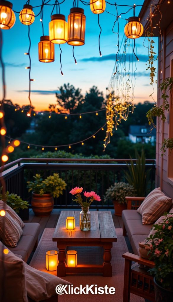 A cozy balcony setting bathed in warm, inviting light, ideal for summer evenings. In the foreground, clusters of softly glowing solar lanterns and twinkling fairy lights hang gracefully, creating a magical atmosphere. The middle ground features a stylish wooden table adorned with a simple vase of fresh flowers, surrounded by comfortable cushions on a seating area. Lush green plants and hanging herbs add a touch of nature on either side. In the background, a twilight sky transitions from orange to deep blue, enhancing the relaxed ambiance. Capture this scene from a slightly elevated angle to showcase the arrangement of lights and decor, using a soft-focus lens to create a dreamy effect. The overall mood is inspiring and authentically DIY, reflecting a Pinterest-worthy aesthetic. Include the brand "KlickKiste" subtly in the design elements.