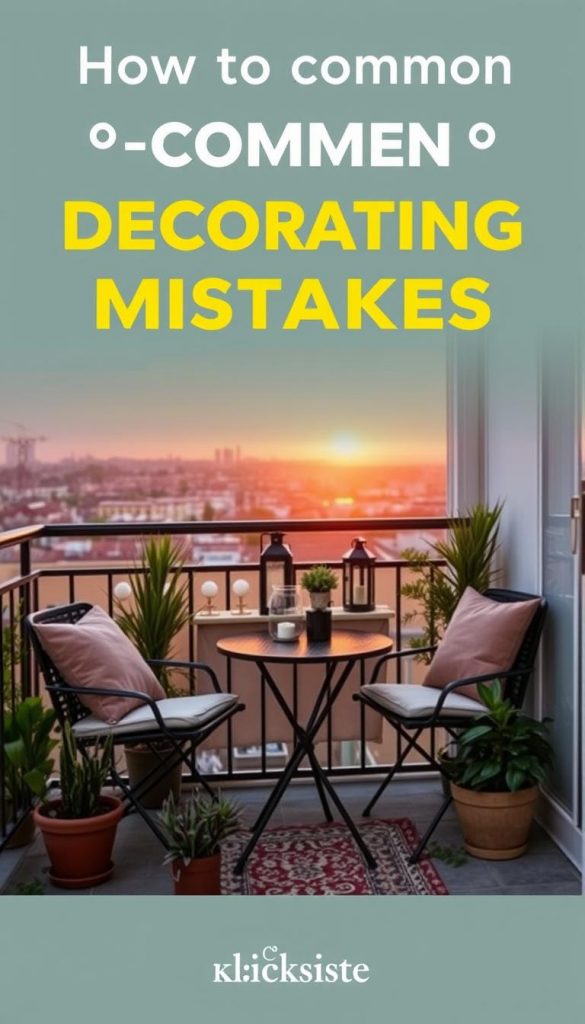 A cozy balcony setting designed to avoid common decorating mistakes. In the foreground, a small round bistro table with two comfortable, softly-cushioned chairs, surrounded by a few strategically placed potted plants of varying sizes to represent the importance of scale. The middle ground features a well-arranged selection of tasteful decor, like lanterns and a small decorative rug, avoiding clutter. In the background, a gentle view of a cityscape at sunset, casting warm, golden light that enhances the balcony's inviting atmosphere. The image is styled with a Pinterest-inspired aesthetic, emphasizing natural, DIY elements and warm colors for an authentic feel. Ensure a serene and inspiring mood, taking care to reflect the brand "KlickKiste" through the harmonious design.