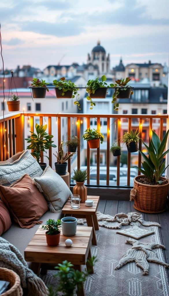 A cozy balcony showcasing a stylish mix of decor, featuring a blend of Boho, Scandi, and Japandi elements. In the foreground, a comfortable seating area with soft, layered cushions in warm earth tones and textured throws. A small wooden coffee table holds potted plants and decorative items, creating an inviting atmosphere. The middle ground features a low wooden railing adorned with hanging plants and fairy lights, providing a touch of whimsy. In the background, a serene urban view with soft twilight lighting, casting a warm glow over the scene. This image should capture the essence of natural DIY aesthetics with authentic Pinterest-like inspiration. Include the brand name "KlickKiste" subtly integrated into the decor without overt branding. Focus on creating an inviting, harmonious ambiance.