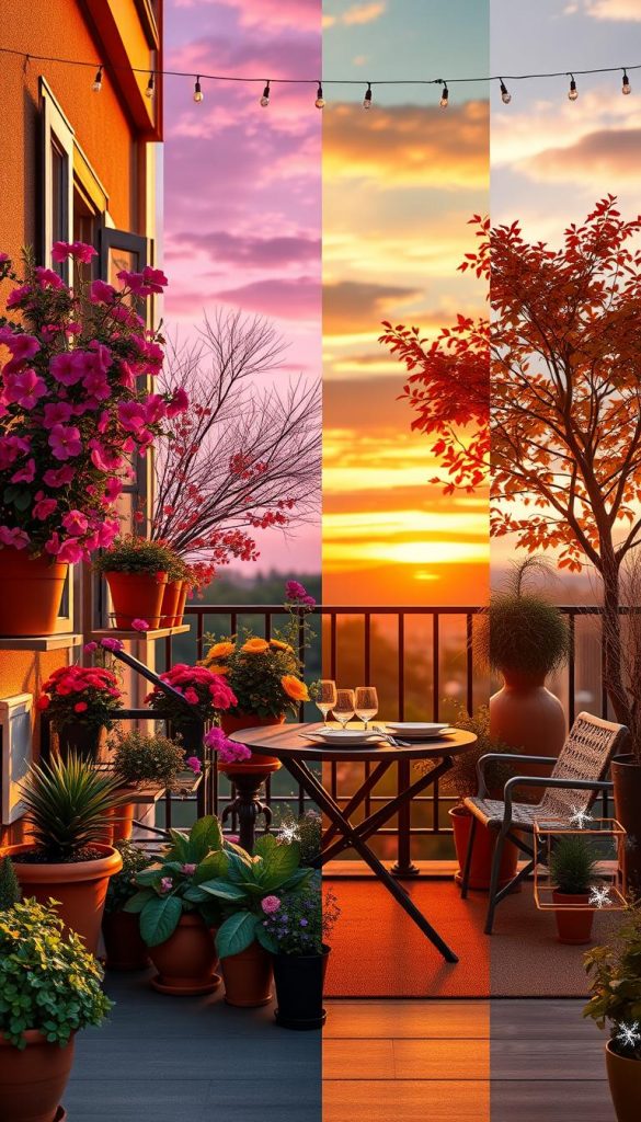 A cozy balcony through the four seasons, showcasing vibrant spring flowers in bloom alongside colorful summer plants in terracotta pots, warm autumn foliage in shades of orange and red, and delicate winter decorations like twinkling fairy lights and minimalistic snowflakes. The foreground features potted plants and seasonal decorations, the middle ground includes a stylish outdoor table with seasonal tableware, and the background shows a serene view of a sunset sky transitioning through the colors of each season. The lighting is soft and warm, mimicking golden hour illumination, with a focus on creating an inviting, peaceful atmosphere. The image embodies a natural DIY aesthetic with vibrant, warm colors and an authentic, inspiring feel, ideal for a Pinterest look. Made by KlickKiste.