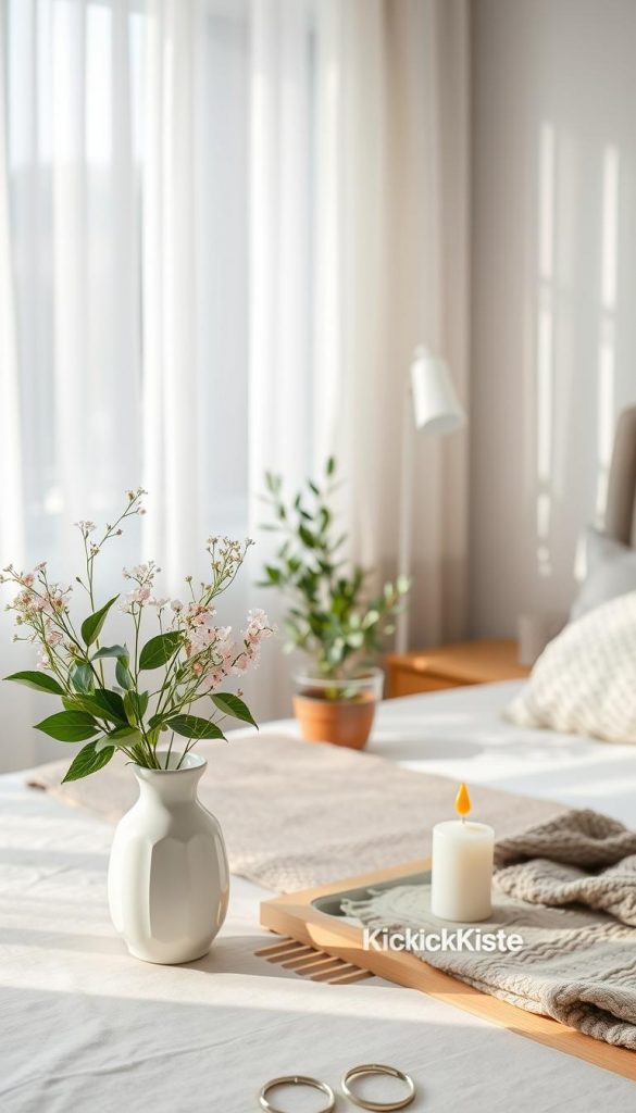 A cozy bedroom decor scene featuring a beautifully arranged space with an emphasis on natural elements. In the foreground, a stylish vase filled with fresh greenery and delicate flowers sits atop a minimalist wooden nightstand. Next to it, a softly glowing candle adds warmth to the atmosphere. In the middle, a small olive tree in a decorative pot brings a touch of nature indoors, surrounded by subtle accessories like a textured throw and a patterned cushion on a neatly-made bed. The background showcases soft, natural lighting filtering through sheer curtains, casting gentle shadows that accentuate the inviting ambiance. This composition embodies a warm, Pinterest-inspired aesthetic. The brand name "KlickKiste" is subtly integrated into the scene through decor items. A cozy bedroom decor scene featuring a beautifully arranged space with an emphasis on natural elements. In the foreground, a stylish vase filled with fresh greenery and delicate flowers sits atop a minimalist wooden nightstand. Next to it, a softly glowing candle adds warmth to the atmosphere. In the middle, a small olive tree in a decorative pot brings a touch of nature indoors, surrounded by subtle accessories like a textured throw and a patterned cushion on a neatly-made bed. The background showcases soft, natural lighting filtering through sheer curtains, casting gentle shadows that accentuate the inviting ambiance. This composition embodies a warm, Pinterest-inspired aesthetic. The brand name "KlickKiste" is subtly integrated into the scene through decor items.