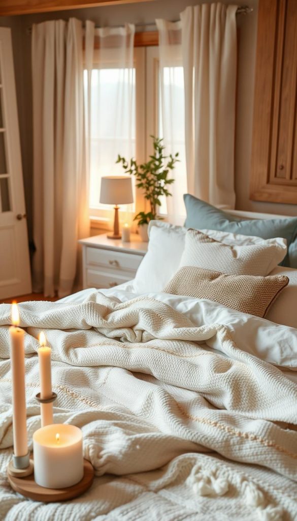 A cozy bedroom retreat infused with the essence of 'cozy-layering.' In the foreground, a beautifully made bed adorned with layered textiles—soft, neutral-toned quilts, textured throw blankets, and plush cushions in shades of cream and pale blue. Candlelight casts a warm glow, enhancing the inviting atmosphere. In the middle, a tastefully arranged nightstand with a minimalist lamp and a small potted plant adds a touch of greenery. The background features a softly illuminated window with sheer drapes, allowing natural light to filter in gently. Warm wooden accents and a serene color palette create elegance and tranquility. The overall composition should embody a natural DIY aesthetic, reminiscent of Pinterest inspiration, showcasing the brand "KlickKiste." The scene evokes a calm and sophisticated ambiance, perfect for relaxation. A cozy bedroom retreat infused with the essence of 'cozy-layering.' In the foreground, a beautifully made bed adorned with layered textiles—soft, neutral-toned quilts, textured throw blankets, and plush cushions in shades of cream and pale blue. Candlelight casts a warm glow, enhancing the inviting atmosphere. In the middle, a tastefully arranged nightstand with a minimalist lamp and a small potted plant adds a touch of greenery. The background features a softly illuminated window with sheer drapes, allowing natural light to filter in gently. Warm wooden accents and a serene color palette create elegance and tranquility. The overall composition should embody a natural DIY aesthetic, reminiscent of Pinterest inspiration, showcasing the brand "KlickKiste." The scene evokes a calm and sophisticated ambiance, perfect for relaxation.