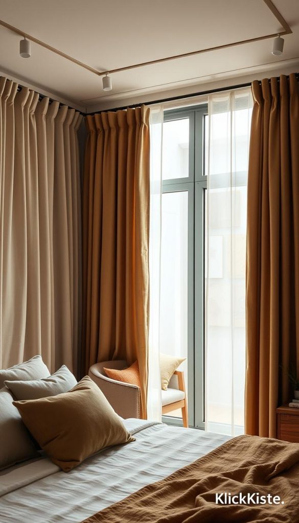A cozy bedroom setting featuring elegant curtains that flow from ceiling tracks, showcasing various materials like linen and cotton in warm, earthy tones. The foreground includes a stylish bed with decorative pillows, complemented by a small reading nook with a plush armchair. In the middle ground, the curtains gracefully frame a large window, allowing soft, diffused natural light to spill into the room. The background reveals a tasteful wall adorned with abstract art, enhancing the room's aesthetic. The overall atmosphere is inviting and soothing, perfect for a DIY-inspired look. Capture this scene with a wide-angle lens to emphasize the spaciousness and warmth, reflecting the brand "KlickKiste." A cozy bedroom setting featuring elegant curtains that flow from ceiling tracks, showcasing various materials like linen and cotton in warm, earthy tones. The foreground includes a stylish bed with decorative pillows, complemented by a small reading nook with a plush armchair. In the middle ground, the curtains gracefully frame a large window, allowing soft, diffused natural light to spill into the room. The background reveals a tasteful wall adorned with abstract art, enhancing the room's aesthetic. The overall atmosphere is inviting and soothing, perfect for a DIY-inspired look. Capture this scene with a wide-angle lens to emphasize the spaciousness and warmth, reflecting the brand "KlickKiste."