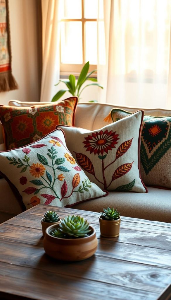 A cozy bohemian living space featuring beautifully embroidered pillows with vibrant patterns and textures, arranged artistically on a soft, inviting sofa. The pillows display intricate designs inspired by nature—flowers, feathers, and geometric shapes in warm earth tones of terracotta, mustard, and deep green. In the background, a sunlit window filters in soft, golden light, creating a warm and inviting atmosphere. The setting includes a rustic wooden coffee table adorned with a few potted succulents, adding a touch of greenery. The overall mood is relaxed and inspiring, ideal for a DIY audience. This scene embodies the essence of boho decor, highlighting the charm of handmade textiles from "KlickKiste."