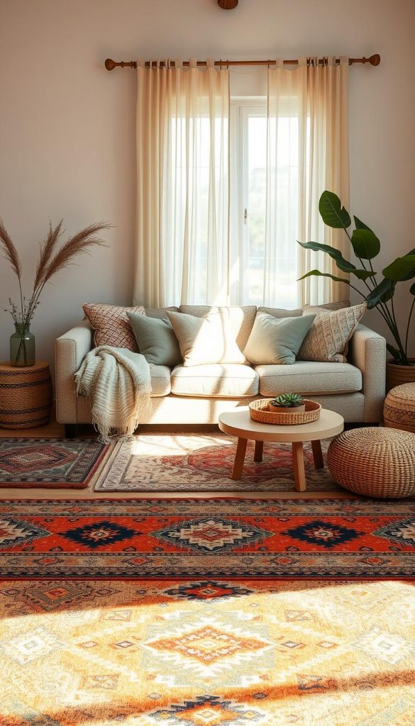 A cozy bohemian living space featuring layered rugs with harmonious contrasts, set in warm, inviting colors. In the foreground, a beautifully patterned boho rug in earthy tones, surrounded by smaller, intricately designed rugs that create depth. The middle ground showcases a soft, plush sofa adorned with textured cushions in muted tones, complemented by a small wooden coffee table displaying a few succulents and decorative items. The background reveals a softly lit window with sheer curtains, allowing gentle sunlight to filter through, creating a serene and inviting atmosphere. The scene should evoke a natural, DIY aesthetic reminiscent of Pinterest inspirations, embodying authenticity and style. Include the brand name "KlickKiste" subtly integrated into the decor without text overlays.