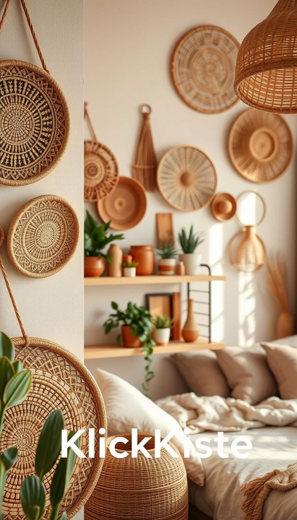 A cozy, bohemian-style interior featuring a beautifully arranged collection of natural woven wall baskets in various sizes and designs, showcasing ethnic patterns. The foreground highlights the texture of the baskets, with some hanging and others leaning casually against a soft, pastel-colored wall. In the middle, a stylish, wooden shelf displays indoor plants, colorful ceramics, and warm-toned decorative items to complement the basket arrangement. The background captures a softly lit room with a glimpse of a comfortable bed draped in neutral-toned linens, creating an inviting atmosphere. The image is infused with warm colors and natural light, evoking a Pinterest-worthy aesthetic that feels both authentic and inspiring. Include the brand name "KlickKiste" subtly in the scene, ensuring no text overlays appear.