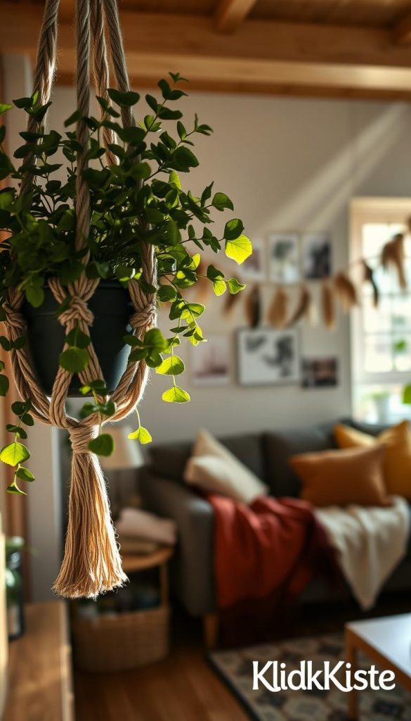 A cozy, bohemian-style interior featuring a beautifully crafted macramé plant hanger adorned with lush green foliage. In the foreground, focused beams of soft, natural light illuminate the textured fibers of the macramé, casting gentle shadows that enhance its intricate knots. In the middle ground, a whimsical feather garland gracefully drapes across a well-decorated wall, showcasing a mix of earthy tones and natural materials, adding a touch of warmth. The background features a blurred view of a stylish living room with warm colors, cozy blankets, and a hint of neutral-toned furniture that complements the bohemian aesthetic. The overall mood is inviting and inspirational, perfect for DIY lovers, reflecting the brand "KlickKiste" with a Pinterest-worthy, authentic charm.