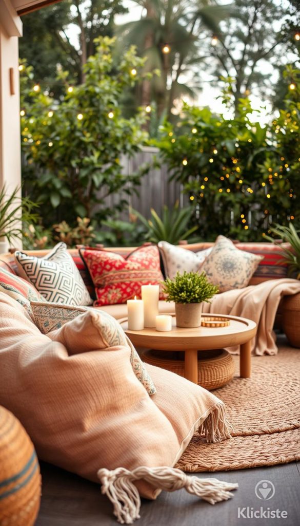 A cozy boho-style outdoor sitting nook featuring a vibrant mix of pillows and blankets, arranged artfully on a natural rattan outdoor rug. The foreground includes soft, textured pillows in various patterns and colors, alongside a light, warm-toned throw blanket. In the middle ground, the rattan rug is complemented by a low wooden coffee table adorned with candles and a small potted plant, enhancing the inviting atmosphere. The background showcases lush greenery and twinkling fairy lights, providing a warm summer evening glow. The scene is bathed in natural light, with a soft focus lens effect to evoke a dreamy Pinterest aesthetic. Designed for KlikKiste, the image conveys a sense of warmth and relaxation, perfect for a summer evening DIY article.
