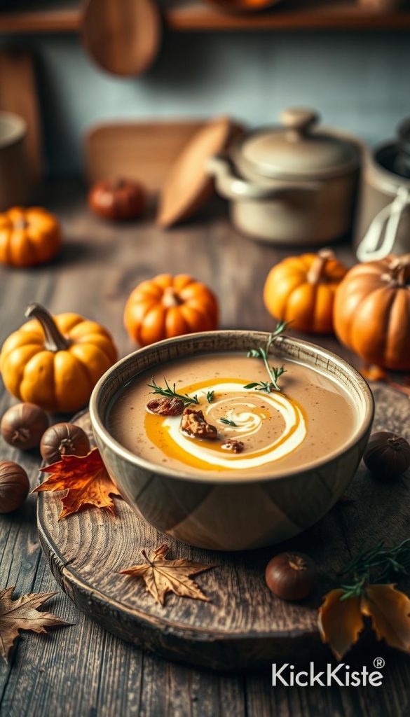 A cozy bowl of creamy chestnut soup, known as "Maronensuppe," sitting on a rustic wooden table. The soup is garnished with a drizzle of olive oil, fresh herbs, and crunchy roasted chestnuts. Surround the bowl with autumn-themed decorations like small pumpkins and fallen leaves in warm, earthy tones. Soft, ambient lighting creates a warm atmosphere, enhancing the rich nutty colors of the soup. In the background, a softly blurred kitchen scene reveals rustic cookware, further invoking a sense of home and warmth. The image should have a Pinterest-inspired aesthetic, focusing on natural elements and inviting textures. Place a subtle watermark with the brand name "KlickKiste" in the corner, ensuring it doesn’t distract from the main visual.