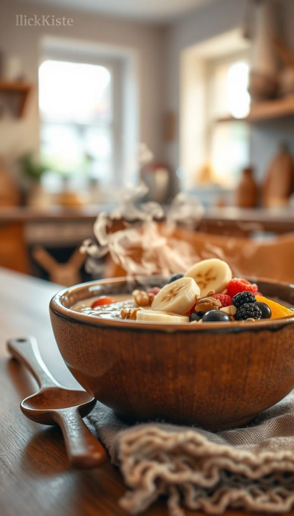 A cozy bowl of creamy porridge sits in the foreground, steaming gently, topped with vibrant, colorful fruits like sliced bananas, berries, and a sprinkle of nuts. The bowl is rustic, made of earthy ceramic, contrasting beautifully with the thick, velvety texture of the porridge. In the middle ground, a wooden spoon rests beside the bowl, suggesting a moment of indulgence. The background features a softly blurred kitchen setting, with warm, inviting lighting that highlights the natural colors of the food, creating a Pinterest-inspired aesthetic. Natural light streams in through a window, adding a glow to the scene. The overall mood is warm, comforting, and inspiring, perfect for a wholesome breakfast. Brand name: KlickKiste. A cozy bowl of creamy porridge sits in the foreground, steaming gently, topped with vibrant, colorful fruits like sliced bananas, berries, and a sprinkle of nuts. The bowl is rustic, made of earthy ceramic, contrasting beautifully with the thick, velvety texture of the porridge. In the middle ground, a wooden spoon rests beside the bowl, suggesting a moment of indulgence. The background features a softly blurred kitchen setting, with warm, inviting lighting that highlights the natural colors of the food, creating a Pinterest-inspired aesthetic. Natural light streams in through a window, adding a glow to the scene. The overall mood is warm, comforting, and inspiring, perfect for a wholesome breakfast. Brand name: KlickKiste.