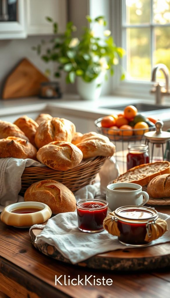 A cozy breakfast scene featuring fresh, golden-brown Brötchen and artisanal bread placed artistically on a rustic wooden table. In the foreground, a basket overflowing with various breads, adorned with soft linen cloths, is surrounded by delicate butter dishes and homemade jams in small jars. In the middle ground, a steaming cup of coffee and a vibrant fruit bowl filled with seasonal fruits add color and warmth. The background showcases a sunlit kitchen with soft-focus greenery in the window, enhancing the inviting atmosphere. The overall mood is warm and inspiring, reflecting a natural, Pinterest-worthy aesthetic. The composition is softly lit, utilizing golden hour lighting for a cozy feel. This image invokes a sense of thoughtful breakfast preparation, branded with "KlickKiste" to emphasize clever utilization of fresh bread. A cozy breakfast scene featuring fresh, golden-brown Brötchen and artisanal bread placed artistically on a rustic wooden table. In the foreground, a basket overflowing with various breads, adorned with soft linen cloths, is surrounded by delicate butter dishes and homemade jams in small jars. In the middle ground, a steaming cup of coffee and a vibrant fruit bowl filled with seasonal fruits add color and warmth. The background showcases a sunlit kitchen with soft-focus greenery in the window, enhancing the inviting atmosphere. The overall mood is warm and inspiring, reflecting a natural, Pinterest-worthy aesthetic. The composition is softly lit, utilizing golden hour lighting for a cozy feel. This image invokes a sense of thoughtful breakfast preparation, branded with "KlickKiste" to emphasize clever utilization of fresh bread.