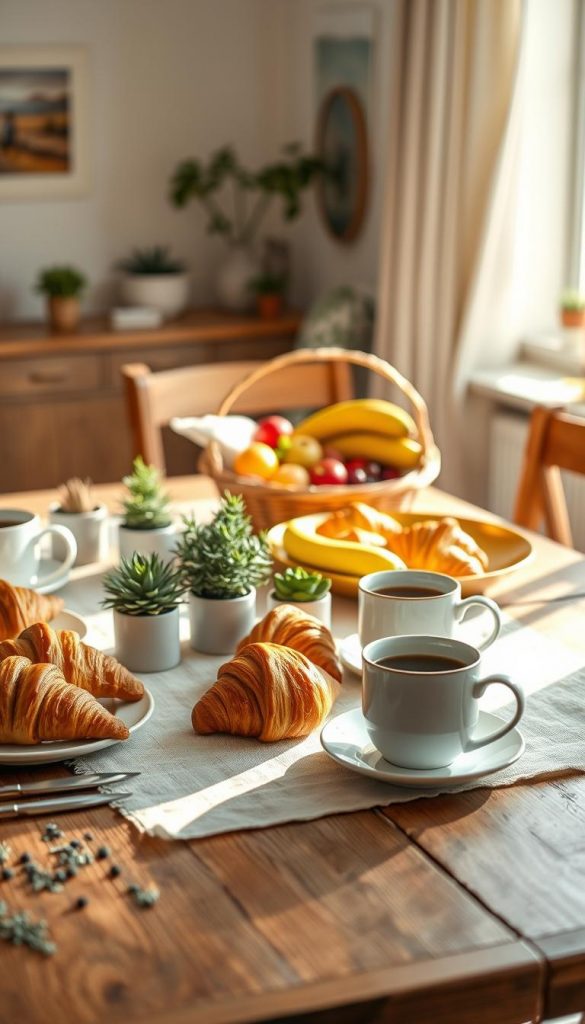 A cozy breakfast table (frühstückstisch) set for a relaxed family morning, featuring an inviting spread of freshly baked croissants, a bowl of colorful fruit, and steaming mugs of coffee. The foreground includes a rustic wooden table adorned with a soft linen tablecloth and a few decorative plants in small pots. In the middle, a vibrant fruit basket bursts with bananas, apples, and berries, while a golden platter displays the warm croissants. In the background, sunlight streams through a window, casting soft shadows and creating a warm, welcoming atmosphere. The scene is perfectly styled with a Pinterest aesthetic, highlighting natural, warm colors. Capture this moment with a shallow depth of field to focus on the breakfast details. Ensure a wholesome, family-friendly mood. Incorporate the brand name "KlickKiste" subtly within the decor.