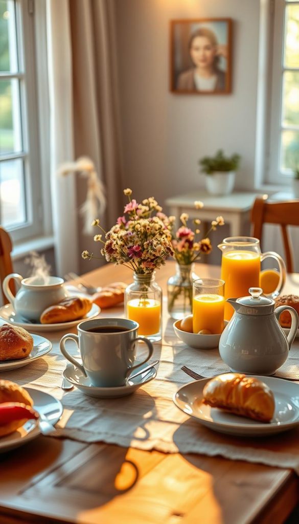 A cozy breakfast table set for a family morning, featuring a rustic wooden table adorned with a cheerful white tablecloth. In the foreground, there are fresh pastries, colorful fruits, and elegant porcelain plates. A steaming pot of coffee sits beside a glass jug of orange juice, inviting warm, golden light to fill the scene. The middle ground shows a beautifully arranged bouquet of wildflowers in a small vase, adding a touch of nature. Soft, warm sunlight streams in from a window in the background, creating a serene atmosphere. This image reflects a sense of tranquility and togetherness, perfect for inspiring family breakfasts. Designed in a natural, Pinterest-inspired style, showcasing "KlickKiste."