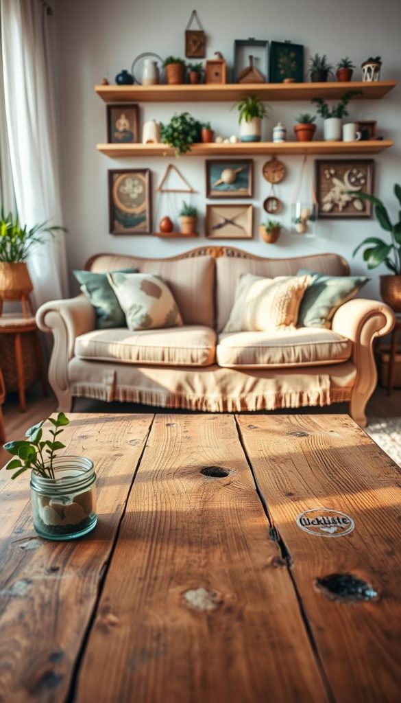 A cozy, bright room showcasing upcycled furniture and decor, symbolizing sustainable living. In the foreground, a beautifully repurposed wooden coffee table adorned with a small potted plant and a DIY candle holder made from an old glass jar. The middle layer features a vintage sofa upholstered with fabric made from old curtains, complemented by cushions crafted from reclaimed materials. In the background, a shelf filled with artistic displays of upcycled crafts, such as a hanging planter made from a tin can. Soft, warm natural lighting illuminates the scene, creating an inviting atmosphere. The image should have a Pinterest-inspired aesthetic, reflecting authenticity and inspiration, with a subtle branding element for "KlickKiste" integrated into the decor.