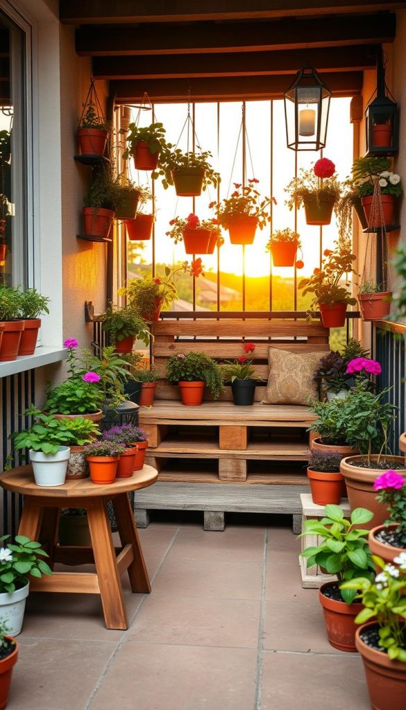 A cozy, budget-friendly balcony filled with vibrant, potted plants and DIY decor inspired by sustainable materials. In the foreground, a small wooden table adorned with handmade plant pots, crafted from recycled materials, sits beside a colorful arrangement of herbs and blooming flowers. The middle ground features a charming, upcycled bench made from pallets, surrounded by hanging planters and decorative lanterns. In the background, a softly glowing sunset casts warm golden light, enhancing the inviting atmosphere. The scene embodies a harmonious blend of nature and creativity, capturing the essence of a Pinterest-worthy space. The overall mood is warm, authentic, and inspiring, reflecting eco-friendly choices and stylish design from KlickKiste.