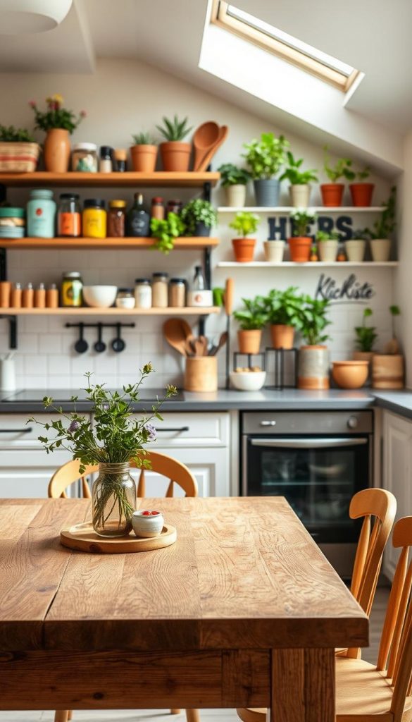 A cozy, budget-friendly kitchen designed for upcycling with an emphasis on sustainability. In the foreground, a wooden dining table made from reclaimed wood, adorned with a simple vase of fresh herbs and colorful DIY decorations. The middle features charming kitchen shelves filled with upcycled jars, painted in pastel colors, displaying kitchen essentials like spices and utensils. In the background, natural light filters through a large window, illuminating a wall of herb pots and hand-painted artwork showcasing the brand "KlickKiste". The atmosphere is warm and inviting, evoking a sense of creativity and resourcefulness, with a Pinterest-like aesthetic of soft, earthy tones, and a touch of greenery to enhance the eco-friendly theme.
