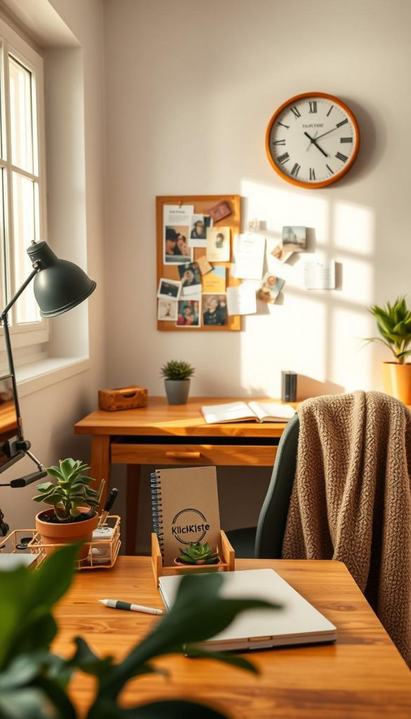 A cozy, budget-friendly office space decorated with natural DIY elements, featuring a sleek wooden desk adorned with simple yet stylish accessories. In the foreground, a small potted plant and a vintage-inspired desk organizer hold office supplies. The middle section shows a colorful mood board pinned to the wall, filled with inspiring images and notes, along with a warm-toned wall clock. The background features a window letting in soft, natural light that bathes the room in a warm glow. The atmosphere is inviting and motivational, embodying a Pinterest-worthy aesthetic. Subtle touches like a "KlickKiste" logo on a notebook and a cozy throw blanket draped over the chair enhance the decor. Use a warm color palette with soft focus for a serene look, evoking comfort and productivity. A cozy, budget-friendly office space decorated with natural DIY elements, featuring a sleek wooden desk adorned with simple yet stylish accessories. In the foreground, a small potted plant and a vintage-inspired desk organizer hold office supplies. The middle section shows a colorful mood board pinned to the wall, filled with inspiring images and notes, along with a warm-toned wall clock. The background features a window letting in soft, natural light that bathes the room in a warm glow. The atmosphere is inviting and motivational, embodying a Pinterest-worthy aesthetic. Subtle touches like a "KlickKiste" logo on a notebook and a cozy throw blanket draped over the chair enhance the decor. Use a warm color palette with soft focus for a serene look, evoking comfort and productivity.