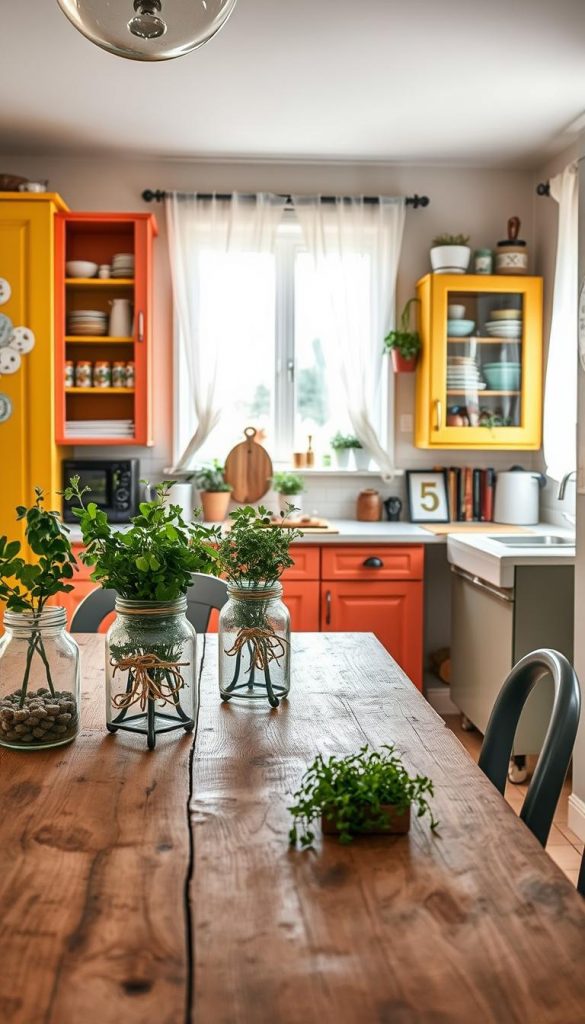 A cozy, budget-friendly open kitchen (wohnk&uuml;che) designed for upcycling enthusiasts, featuring a rustic wooden table adorned with fresh herbs in recycled glass jars. The foreground captures a well-organized counter filled with unique, handmade decor items, showcasing a warm, inviting atmosphere. In the middle, the kitchen space is filled with brightly colored, repurposed cabinets and open shelves displaying creatively arranged cookbooks and kitchenware. The background reveals a sunlit window with sheer curtains, allowing natural light to flood the room, highlighting the warm color palette of earthy tones and soft pastels. The entire scene embodies a Pinterest-inspired aesthetic, authentically inspiring with natural DIY elements. A small "KlickKiste" logo subtly blends into the decor, enhancing the overall theme of sustainability and creativity. The lighting is soft and ambient, creating a welcoming vibe, captured with a slightly elevated angle to provide an expansive view of the space.