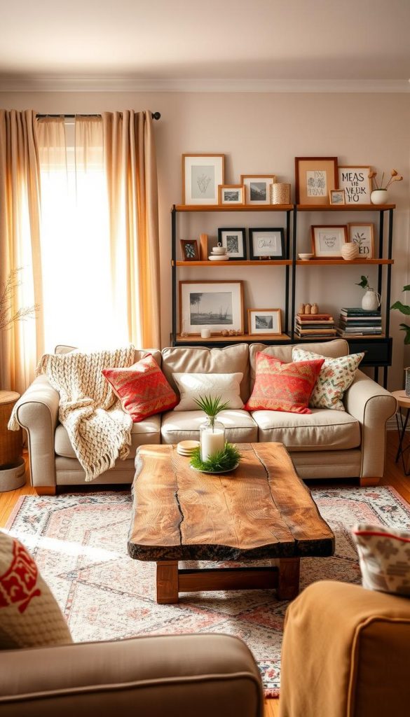 A cozy budget living room, showcasing a balanced mix of affordable and stylish furniture. In the foreground, a comfortable, well-worn sofa adorned with colorful throw pillows and a soft, knitted blanket. A rustic wooden coffee table sits at the center, with a few decorative items like candles and a small plant. In the middle, a charming area rug adds warmth, while shelves display curated DIY decor, reflecting a Pinterest-inspired aesthetic. In the background, light streams through sheer curtains, creating a warm and inviting atmosphere. Use warm color tones with accents in pastel shades to enhance the inviting mood. Capture this scene with soft, diffused lighting, from a slightly elevated angle, ensuring the setting feels authentic and inspiring. Brand name: KlickKiste.