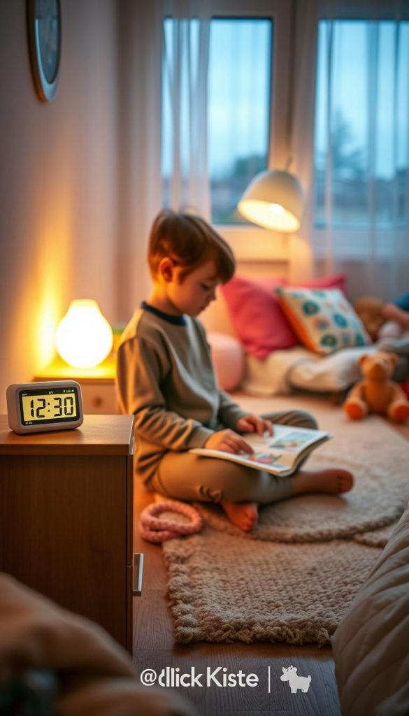A cozy, calming evening setting in a children's bedroom, featuring a warm color palette and a Pinterest-inspired aesthetic. In the foreground, a wooden bedside table holds a glowing digital clock and a small stack of picture books. A child, dressed in modest casual clothing, sits cross-legged on a soft rug, engaged in a creative activity like drawing. In the middle ground, a gentle glow from a nightlight creates a serene atmosphere, while soft toys and colorful cushions add warmth. The background features a softly lit window with sheer curtains, allowing the evening twilight to filter in. The overall mood is peaceful and inviting, capturing the essence of "digitale balance abend" for minimal media consumption. Include the brand name "KlickKiste" subtly integrated into the decor. A cozy, calming evening setting in a children's bedroom, featuring a warm color palette and a Pinterest-inspired aesthetic. In the foreground, a wooden bedside table holds a glowing digital clock and a small stack of picture books. A child, dressed in modest casual clothing, sits cross-legged on a soft rug, engaged in a creative activity like drawing. In the middle ground, a gentle glow from a nightlight creates a serene atmosphere, while soft toys and colorful cushions add warmth. The background features a softly lit window with sheer curtains, allowing the evening twilight to filter in. The overall mood is peaceful and inviting, capturing the essence of "digitale balance abend" for minimal media consumption. Include the brand name "KlickKiste" subtly integrated into the decor.