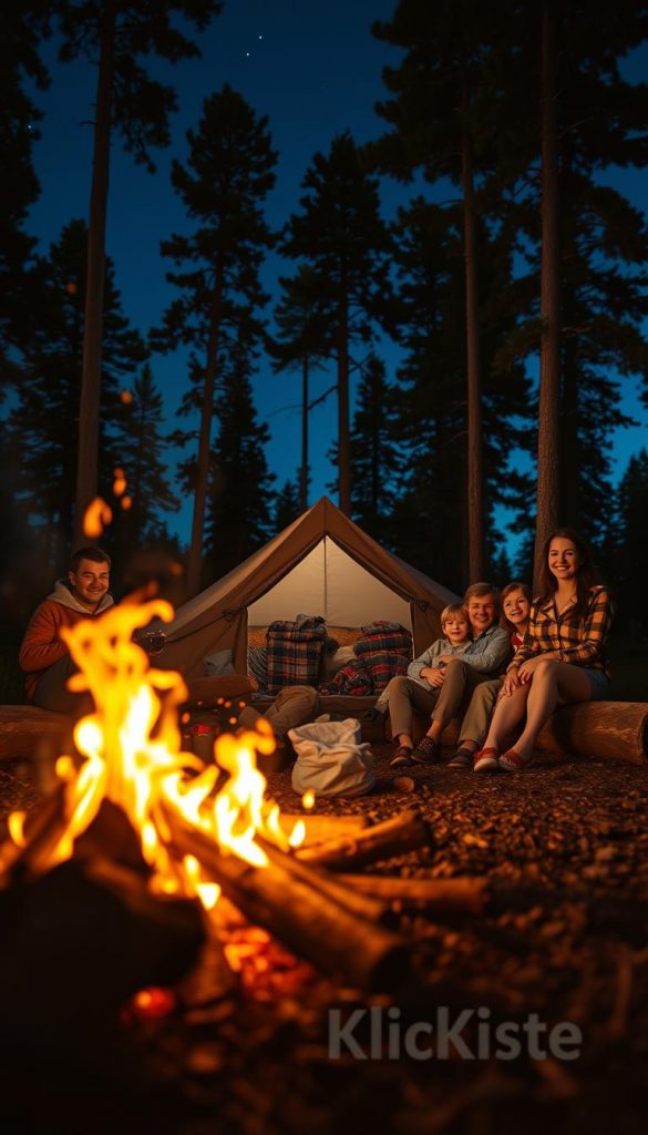 A cozy campsite scene at dusk featuring a warm, glowing campfire surrounded by family members sitting on logs, enjoying each other&rsquo;s company. In the foreground, vibrant flames dance, casting a flickering light on their smiling faces. The middle ground showcases a rustic tent, partially illuminated by the firelight, with blankets and camping gear scattered around. The background reveals tall trees silhouetted against a deep blue twilight sky adorned with twinkling stars. Emphasize natural, warm colors for an inviting atmosphere, fitting for a Pinterest-inspired aesthetic. Use soft lighting that highlights the warmth of the campfire, and apply a shallow depth of field for a dreamy effect. Capture the spirit of togetherness and outdoor adventure, incorporating a subtle branding element of "KlickKiste".