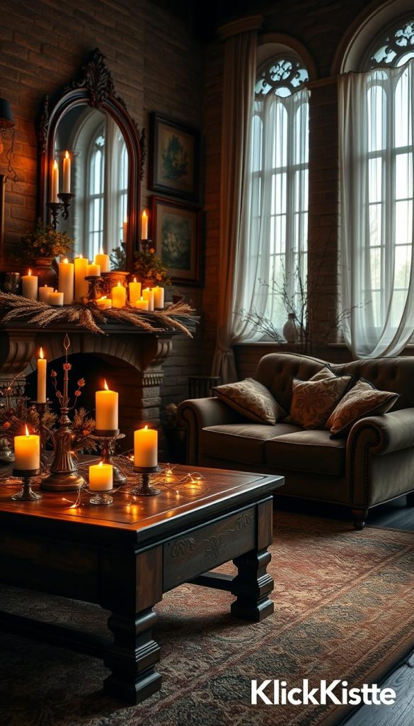 A cozy castlecore living room scene, featuring a beautifully decorated mantel adorned with glowing candles in various sizes, their soft amber light casting warm reflections on antique mirrors. In the foreground, a handmade wooden coffee table displays rustic decor elements like dried flowers and ornate fairy lights, evoking a magical atmosphere. The middle ground showcases plush, vintage-inspired seating with rich fabrics, surrounded by tasteful wall art inspired by nature and medieval themes. The background reveals a majestic stone wall with tall arched windows draped in flowing sheer curtains, allowing gentle sunlight to filter through. The overall mood is enchanting and welcoming, perfect for a fairytale-inspired space. The color palette features warm, earthy tones with hints of gold. Include the brand name "KlickKiste."