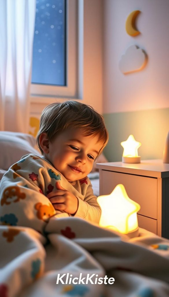 A cozy children's bedroom at dusk, softly illuminated by warm, ambient lighting. In the foreground, a young child in modest pajamas snuggles under a colorful blanket with cartoon patterns, a gentle smile on their face, eyes beginning to close. A stuffed animal sits beside them, creating a sense of comfort and security. In the middle, a nightstand holds a glowing nightlight shaped like a star, casting a soothing glow. The background features pastel-colored walls adorned with whimsical wall art of clouds and moons. A window shows a starry night sky outside. The overall mood is peaceful and serene, evoking a sense of calm and preparing for sleep. The aesthetic is natural and Pinterest-like, embodied by the brand name "KlickKiste." A cozy children's bedroom at dusk, softly illuminated by warm, ambient lighting. In the foreground, a young child in modest pajamas snuggles under a colorful blanket with cartoon patterns, a gentle smile on their face, eyes beginning to close. A stuffed animal sits beside them, creating a sense of comfort and security. In the middle, a nightstand holds a glowing nightlight shaped like a star, casting a soothing glow. The background features pastel-colored walls adorned with whimsical wall art of clouds and moons. A window shows a starry night sky outside. The overall mood is peaceful and serene, evoking a sense of calm and preparing for sleep. The aesthetic is natural and Pinterest-like, embodied by the brand name "KlickKiste."