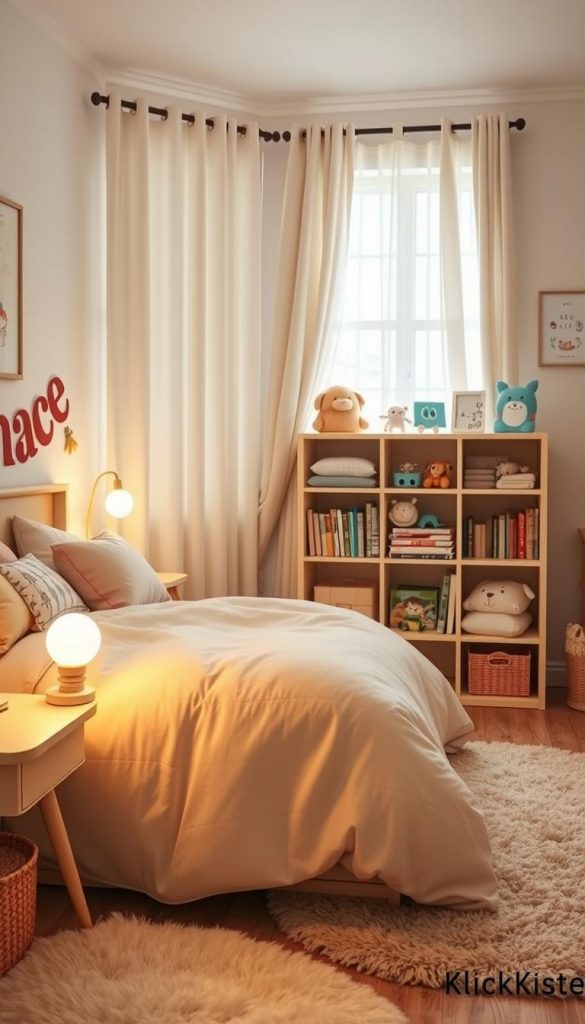 A cozy children's bedroom designed for optimal sleep, featuring a soft, inviting bed adorned with plush blankets and colorful pillows in warm pastel shades. In the foreground, a small nightstand holds a gentle night lamp casting a soft glow. The middle ground showcases a well-organized bookshelf filled with children's books and toys, adding a playful yet calming atmosphere. In the background, the window reveals soft, sheer curtains letting in natural light, enhancing the serene vibe. The room is decorated with whimsical wall art and soft, plush rugs. The overall mood is peaceful and secure, emphasizing safety and warmth, perfect for a child's restful sleep environment. Styled in a natural, Pinterest-inspired aesthetic with authentic elements, showcasing the brand "KlickKiste". A cozy children's bedroom designed for optimal sleep, featuring a soft, inviting bed adorned with plush blankets and colorful pillows in warm pastel shades. In the foreground, a small nightstand holds a gentle night lamp casting a soft glow. The middle ground showcases a well-organized bookshelf filled with children's books and toys, adding a playful yet calming atmosphere. In the background, the window reveals soft, sheer curtains letting in natural light, enhancing the serene vibe. The room is decorated with whimsical wall art and soft, plush rugs. The overall mood is peaceful and secure, emphasizing safety and warmth, perfect for a child's restful sleep environment. Styled in a natural, Pinterest-inspired aesthetic with authentic elements, showcasing the brand "KlickKiste".
