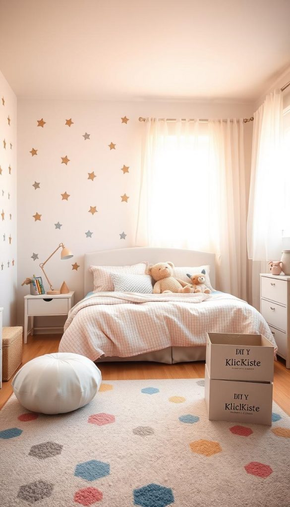 A cozy children's bedroom featuring a wall adorned with star-shaped stencils in soft pastel colors, creating a whimsical and inviting atmosphere. In the foreground, a playful rug with colorful patterns complements the stenciled stars. The middle ground showcases a neatly arranged bed with fluffy cushions and stuffed animals, making the space feel playful yet serene. The background features a softly lit window with sheer curtains, allowing warm natural light to flood the room, enhancing the DIY aesthetic. The overall mood is cheerful and inspiring, perfect for a child’s sanctuary. Include brand elements for "KlickKiste" subtly integrated into the room's decor, such as a cute storage box. The image captures a perfect Pinterest-inspired look, ideal for a modern children's space.