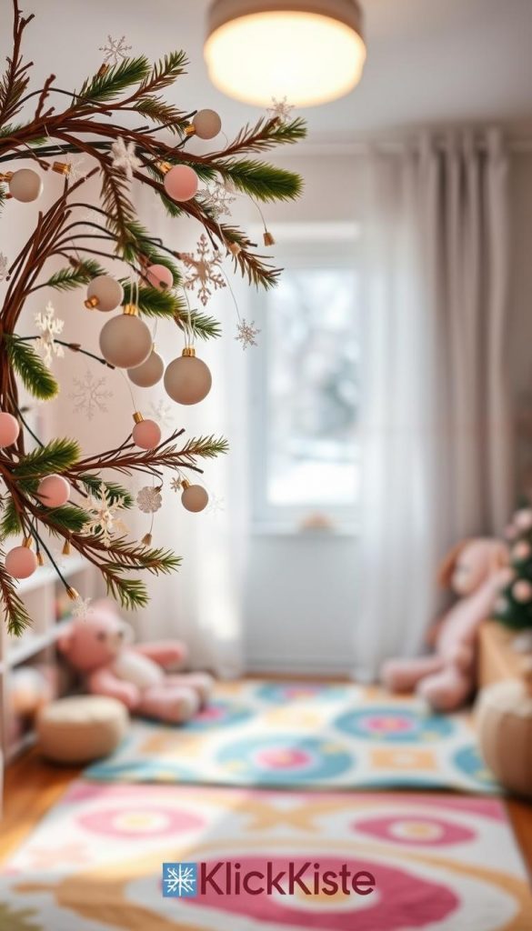 A cozy children's room adorned with a beautiful winter wreath, featuring delicate snowflakes and vibrant colors. In the foreground, the wreath is crafted from natural elements like twigs and pine, decorated with soft pastel ornaments and faux snowflakes. The middle ground showcases a playful, inviting atmosphere with a colorful rug and stuffed animals adding warmth. In the background, soft curtains filter in gentle, diffused light, creating a serene ambiance. A small window reveals a snowy landscape outside, enhancing the winter feel. The overall mood is cheerful and inspiring, reminiscent of a DIY project perfect for parents and children. The image is styled with a Pinterest aesthetic, evoking warmth and creativity, branded with "KlickKiste".
